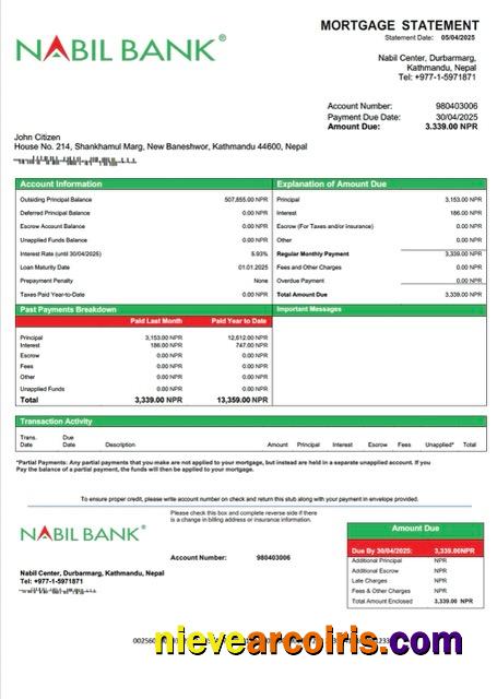Nepal Nabil Bank mortgage statement Word and PDF template